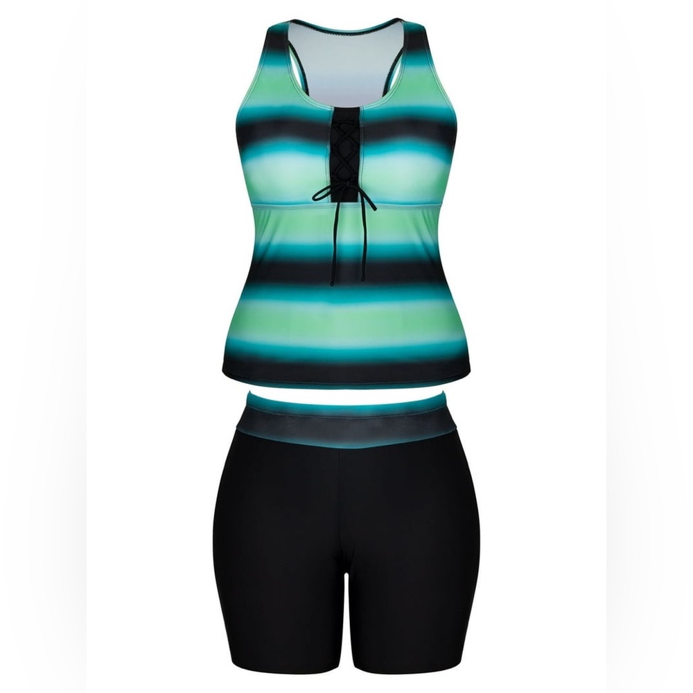 Chama Plus Size Striped Tankini Swimsuit with Boyshort